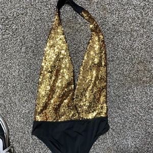 Gold sequin halter top body suit